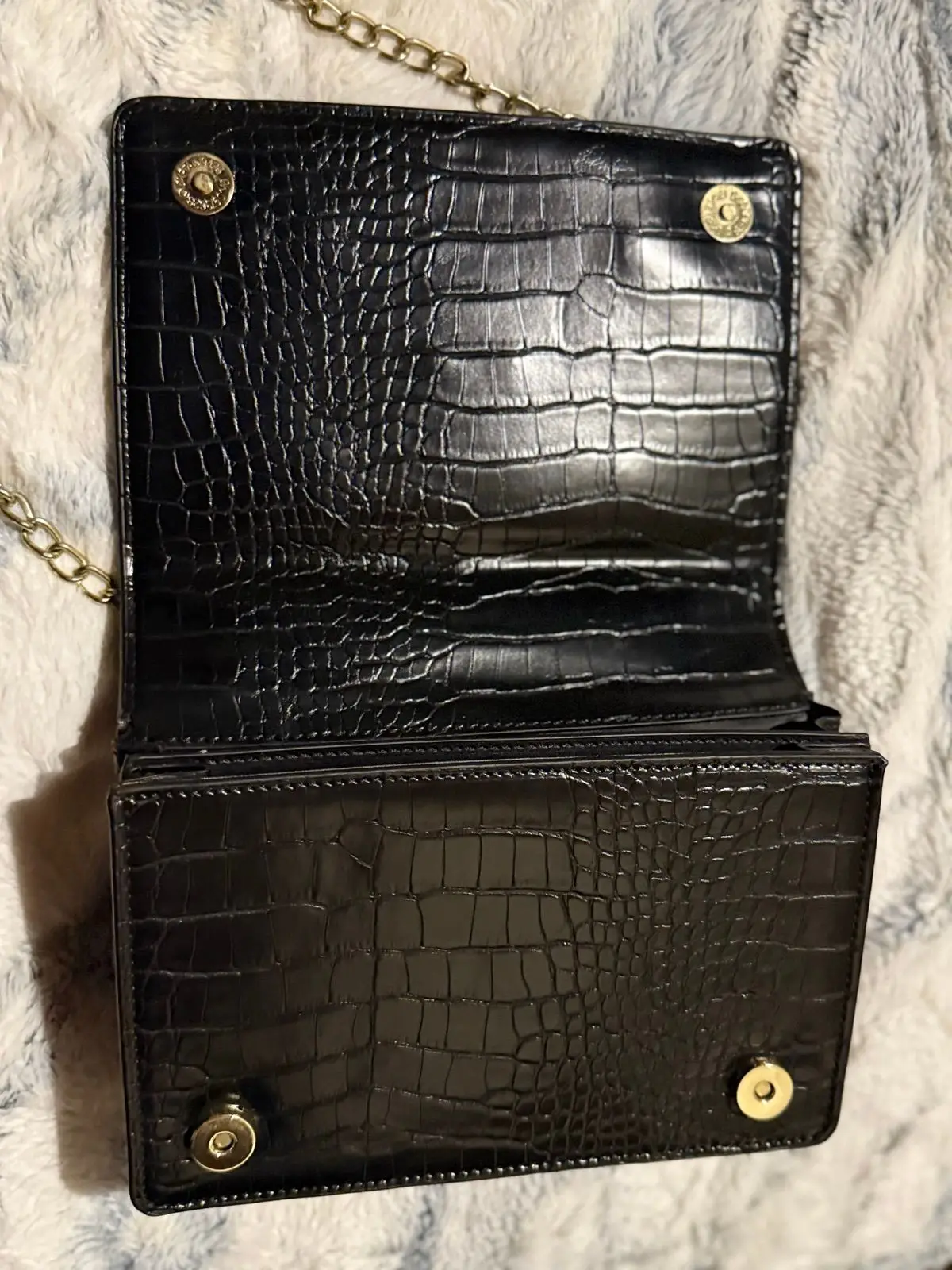 Black Crocodile-Embossed Leather Wallet with Gold Handles