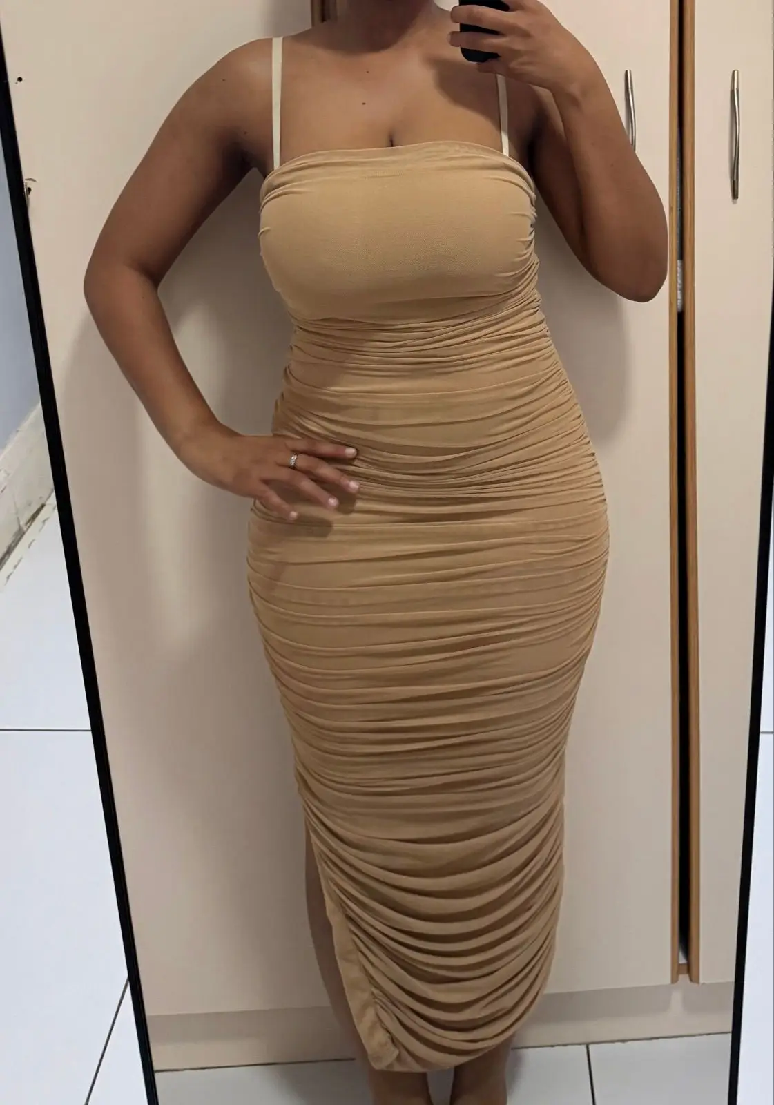 Beige Ruched Midi Dress with Thin Straps