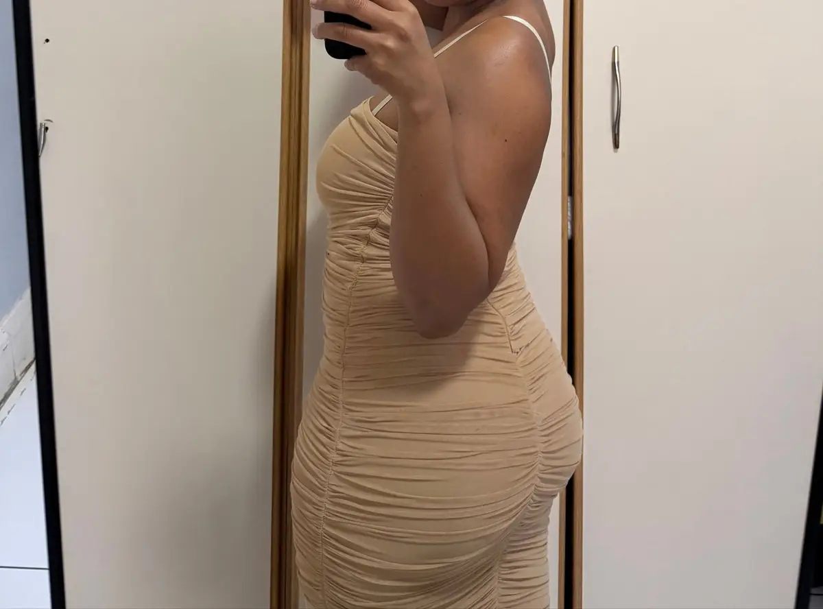 Beige Ruched Midi Dress with Thin Straps