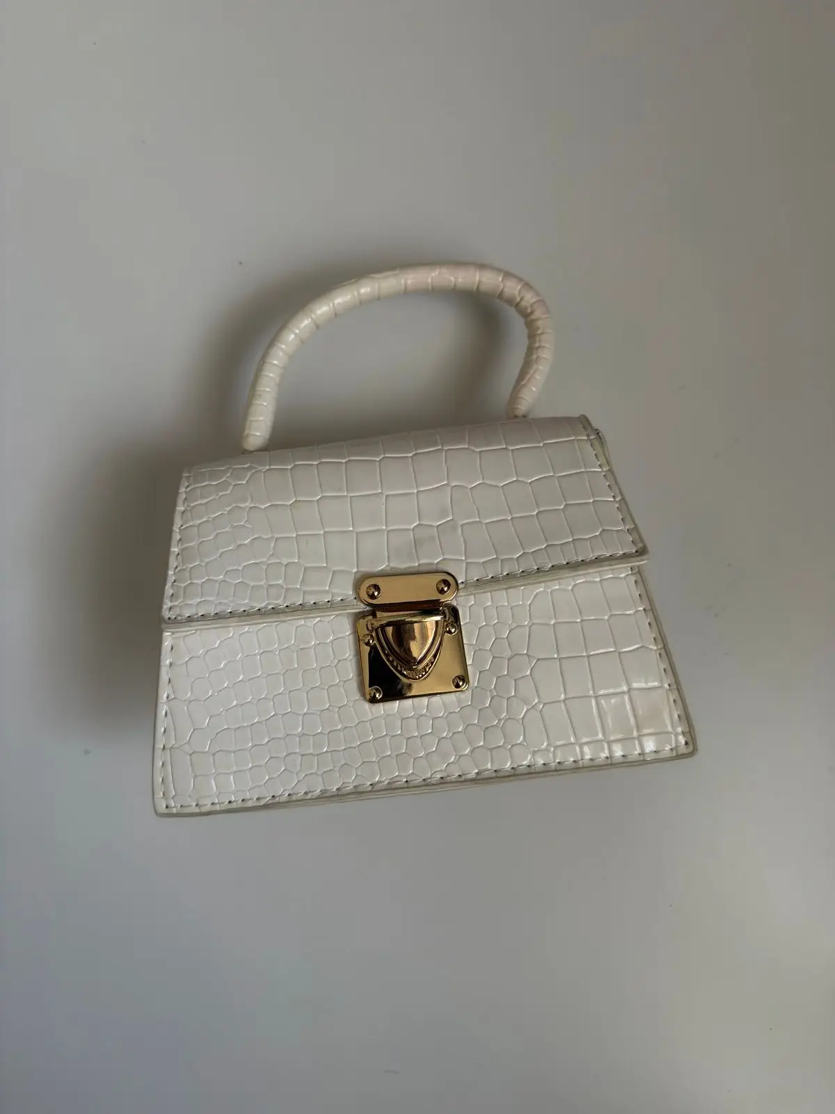 White Crocodile-Embossed Handbag with Top Handle