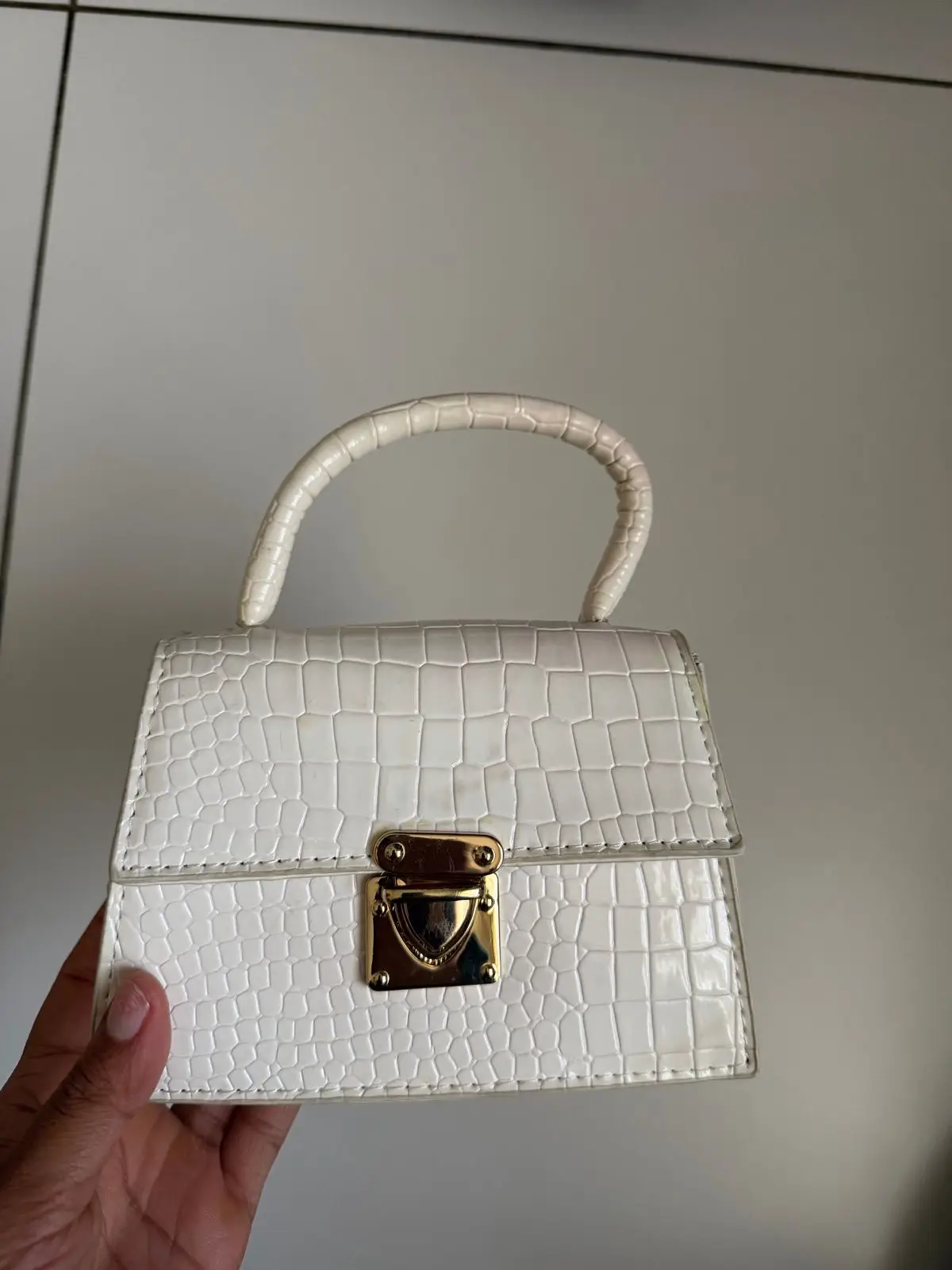 White Crocodile-Embossed Handbag with Top Handle