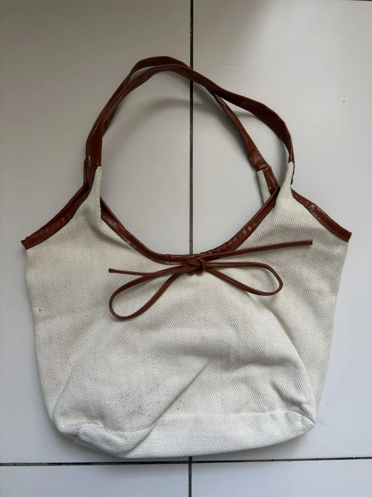 Temu Cream Herringbone Tote Bag with Brown Leather Handles