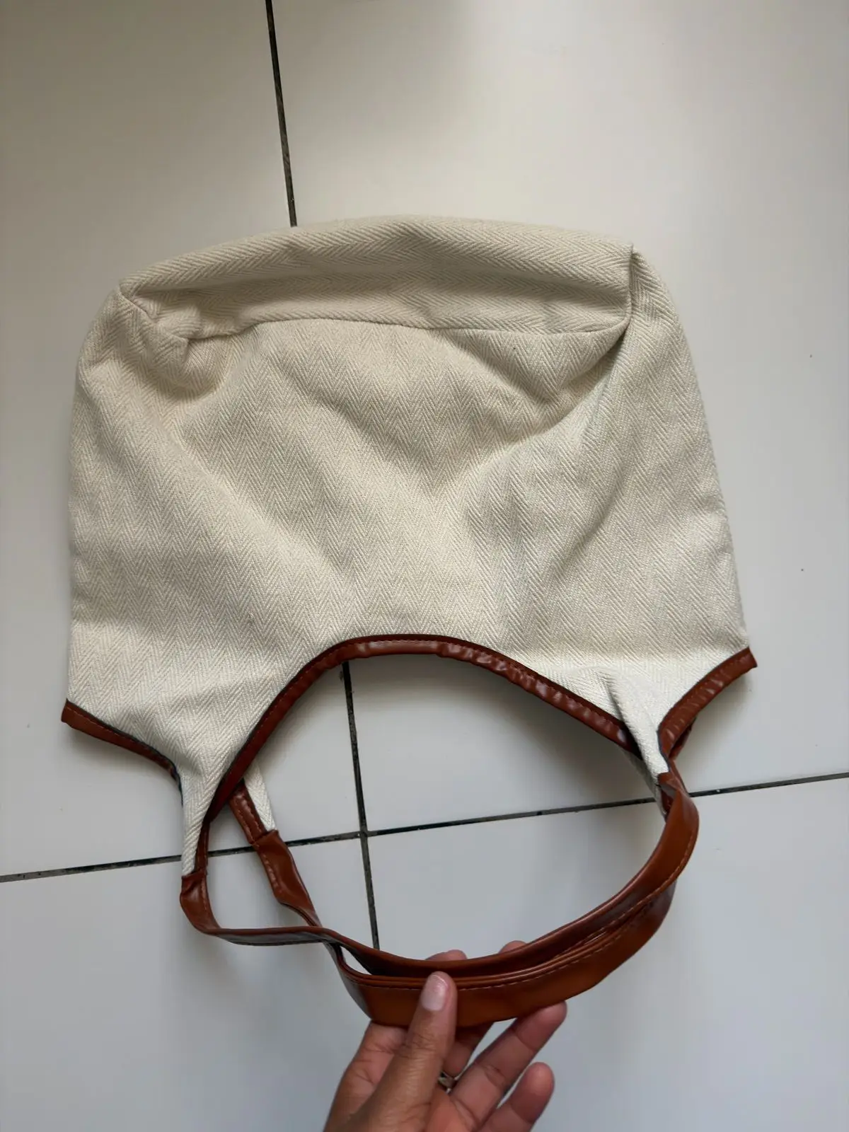 Cream Herringbone Tote Bag with Brown Leather Handles