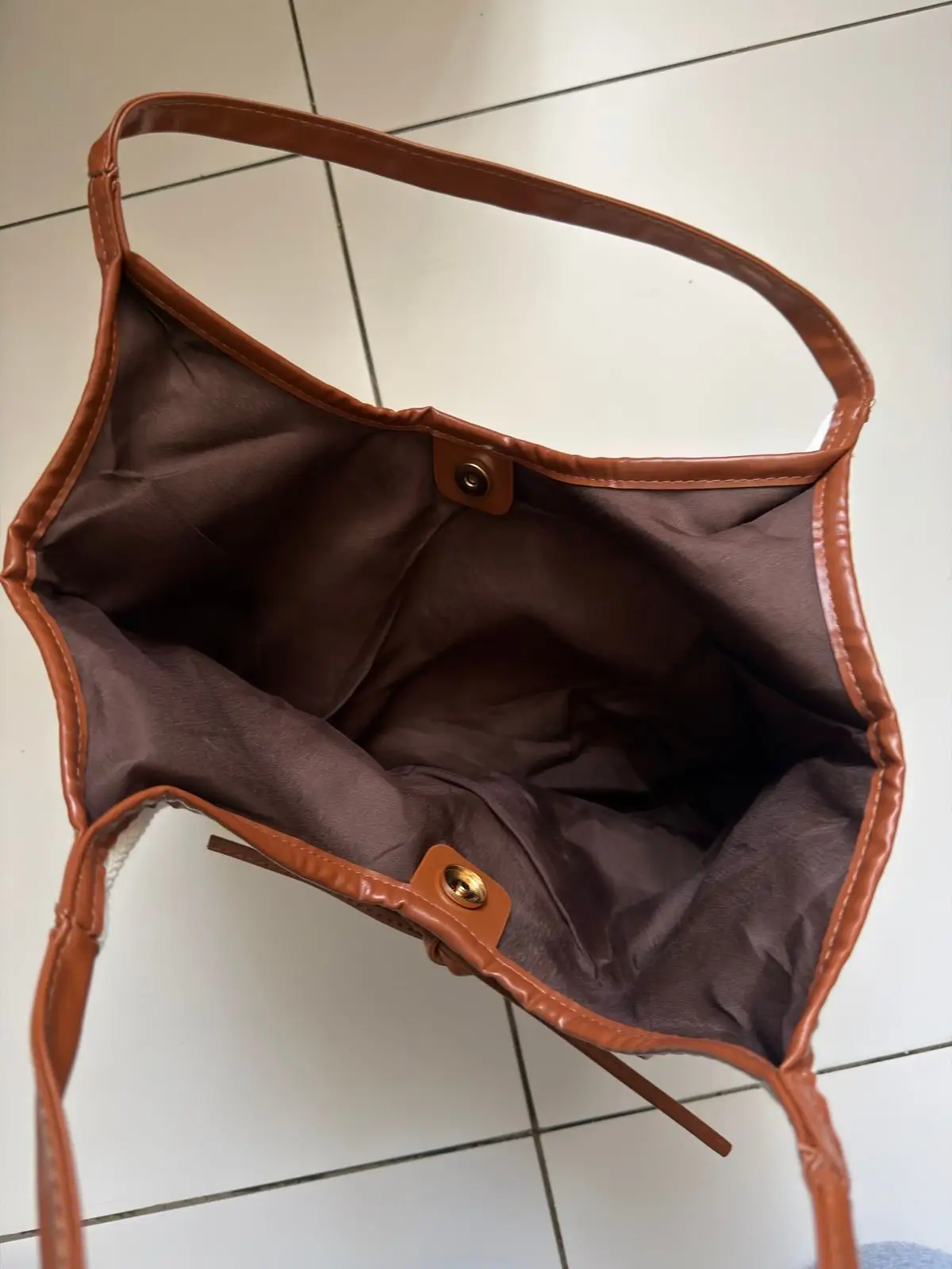 Cream Herringbone Tote Bag with Brown Leather Handles