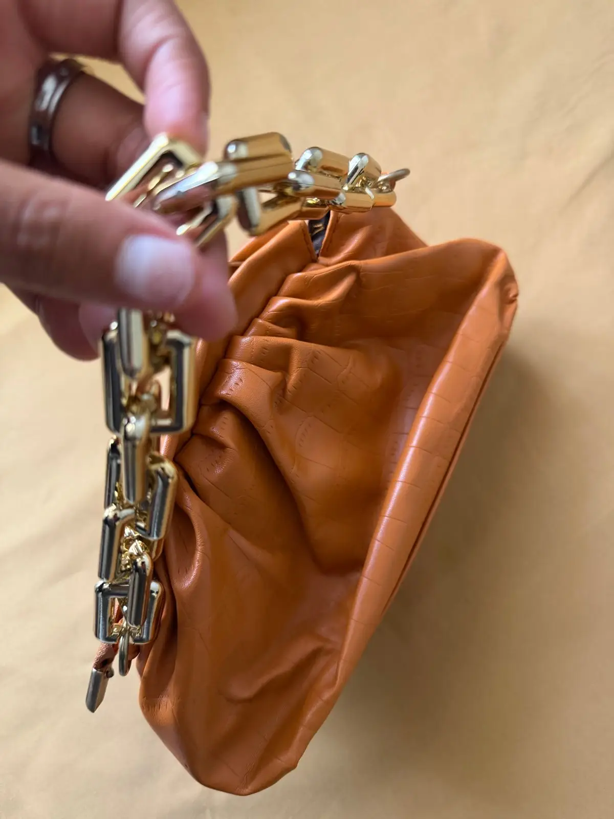 Cognac Leather Clutch with Chain Strap
