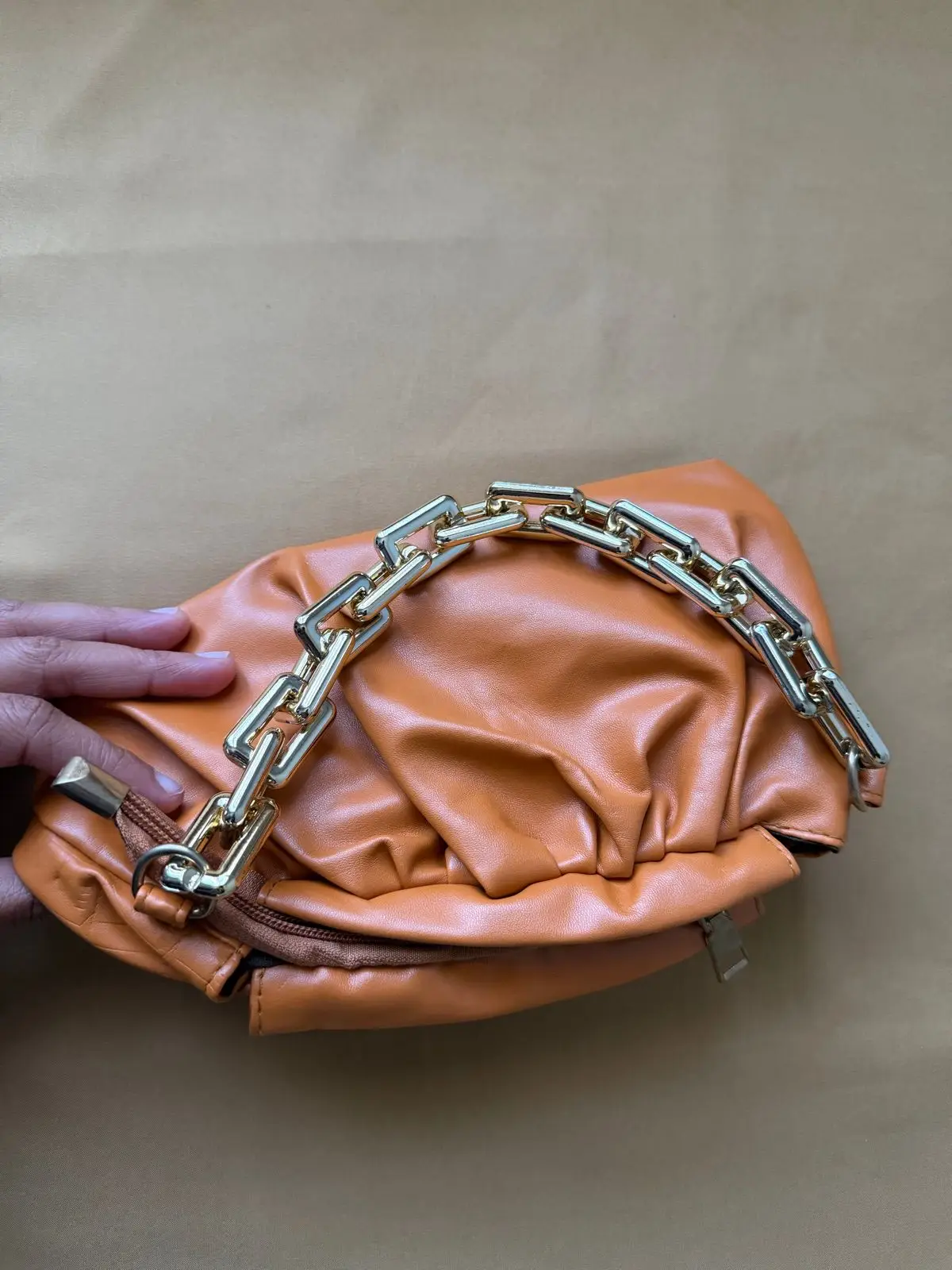 Cognac Leather Clutch with Chain Strap