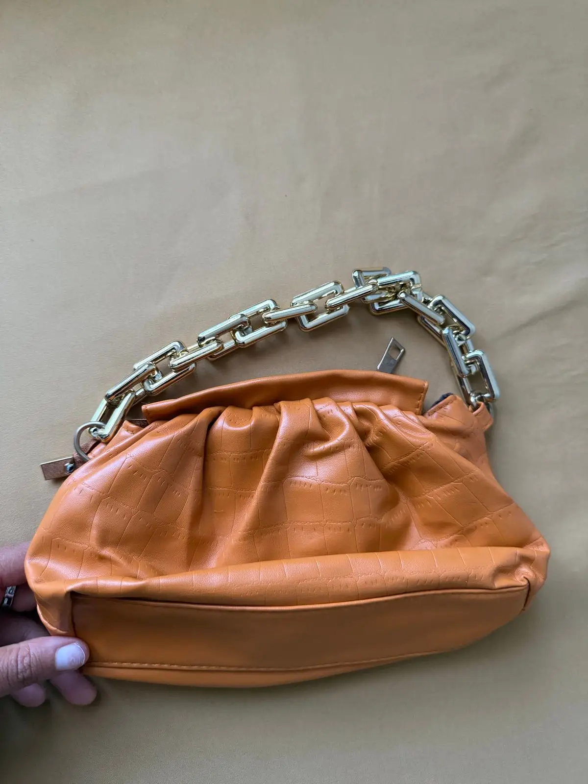 Cognac Leather Clutch with Chain Strap