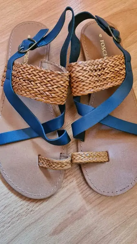 Size 6 Foshini women's sandals. Worn once. Navy Grey and tan. Flat platform slides