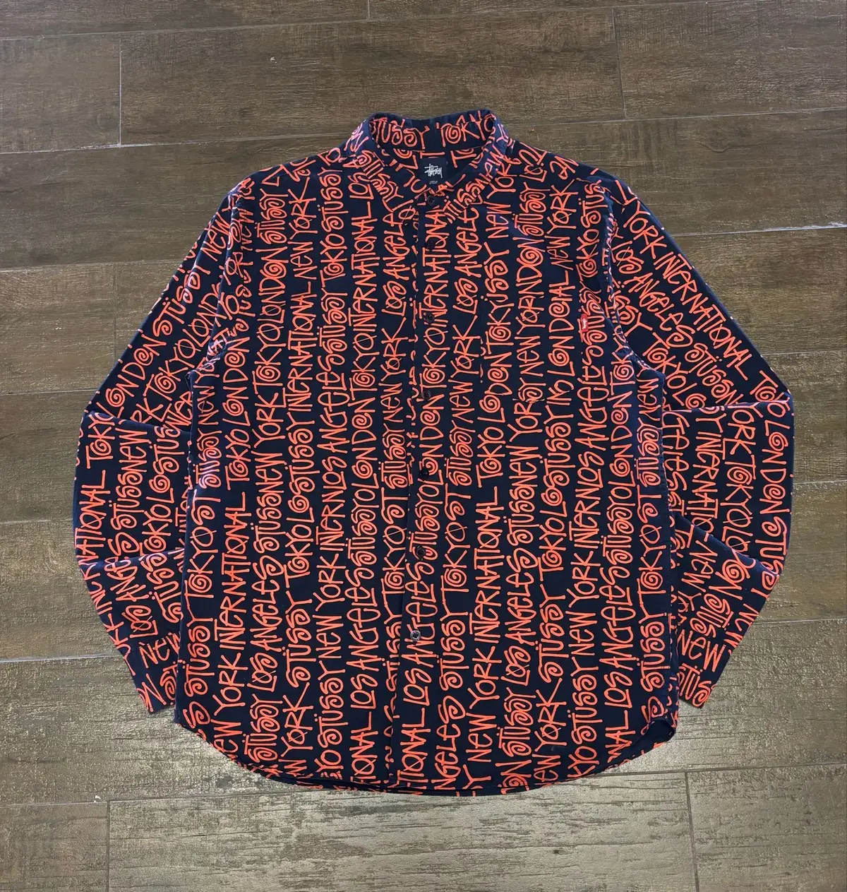Stüssy Navy Orange All-Over Text Print Long-Sleeve Shirt