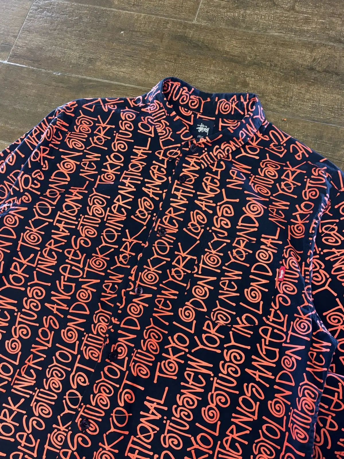 Stüssy Navy Orange All-Over Text Print Long-Sleeve Shirt
