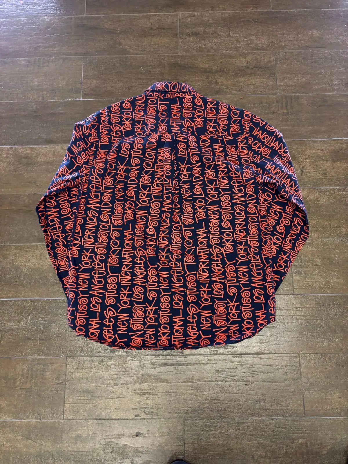 Stüssy Navy Orange All-Over Text Print Long-Sleeve Shirt