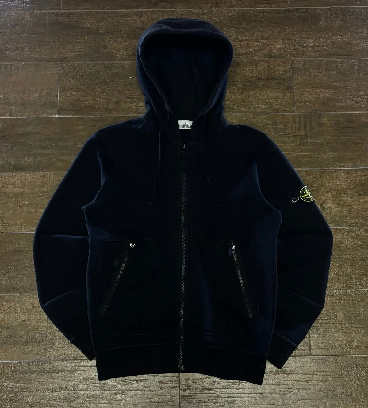 Stone Island Navy Velour Zip Hoodie Size S