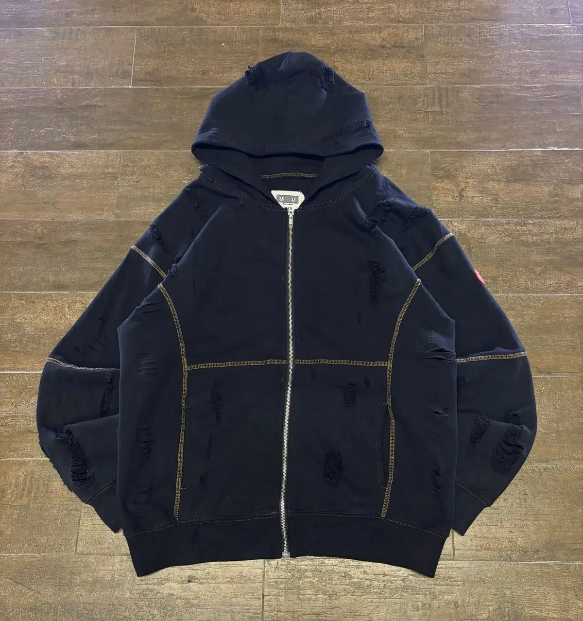 Black Distressed Zip Hoodie with Gold Stitching - Size M