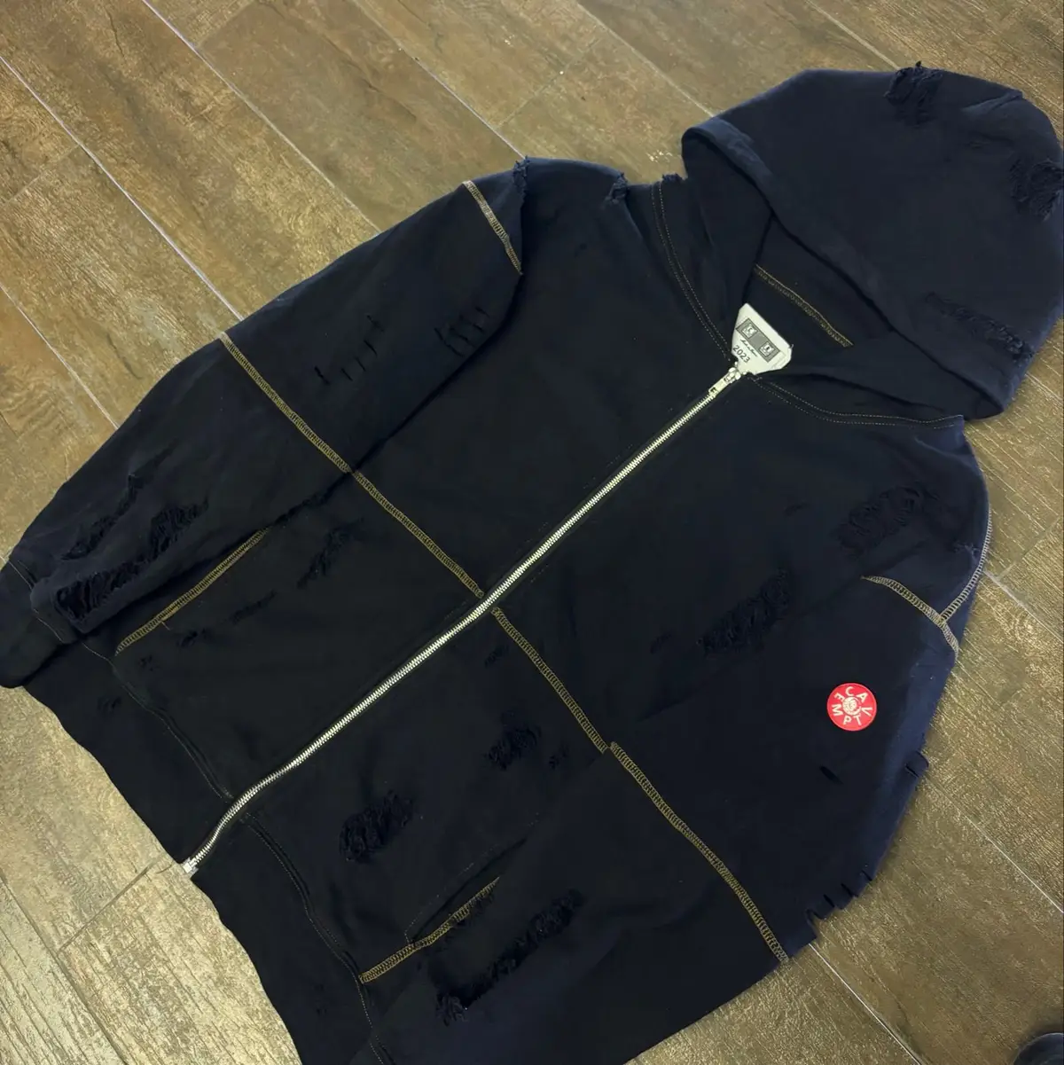 Black Distressed Zip Hoodie with Gold Stitching - Size M