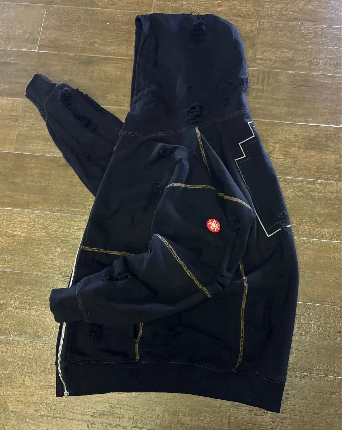 Black Distressed Zip Hoodie with Gold Stitching - Size M