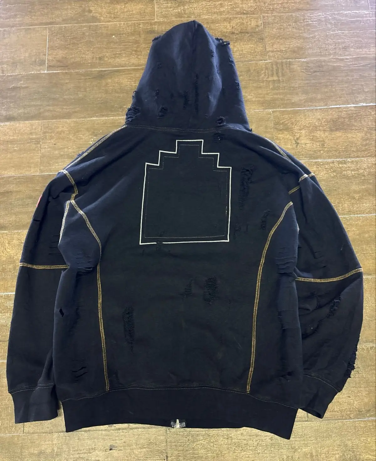 Black Distressed Zip Hoodie with Gold Stitching - Size M