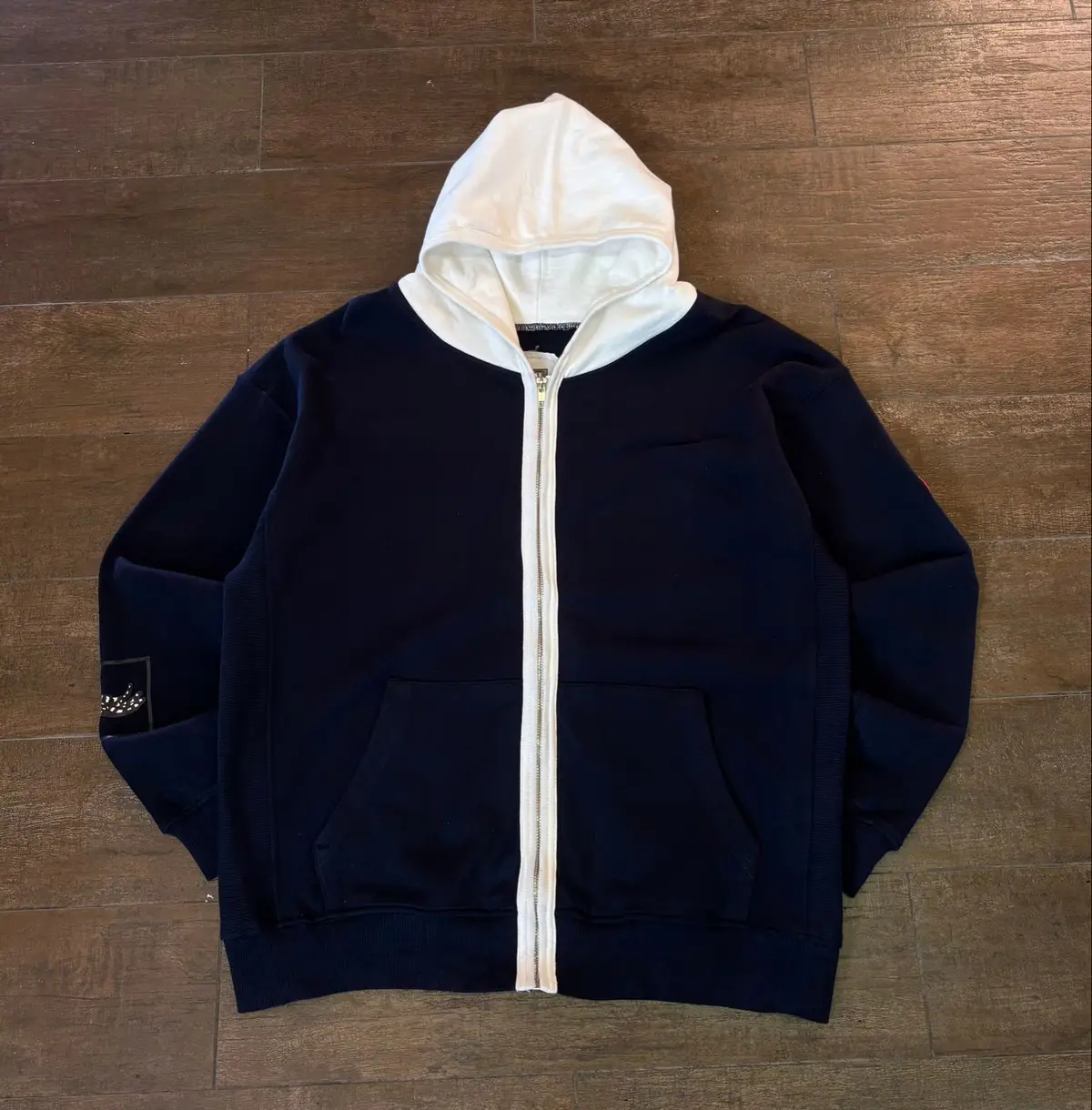 Navy Blue Zip-Up Hoodie with Cream Lining