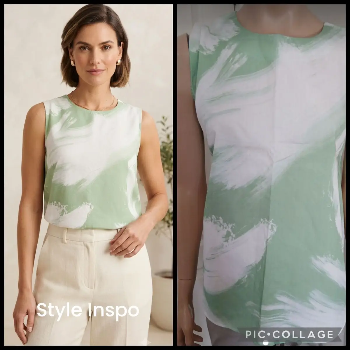 Poetry Green and White Brushstroke Sleeveless Top