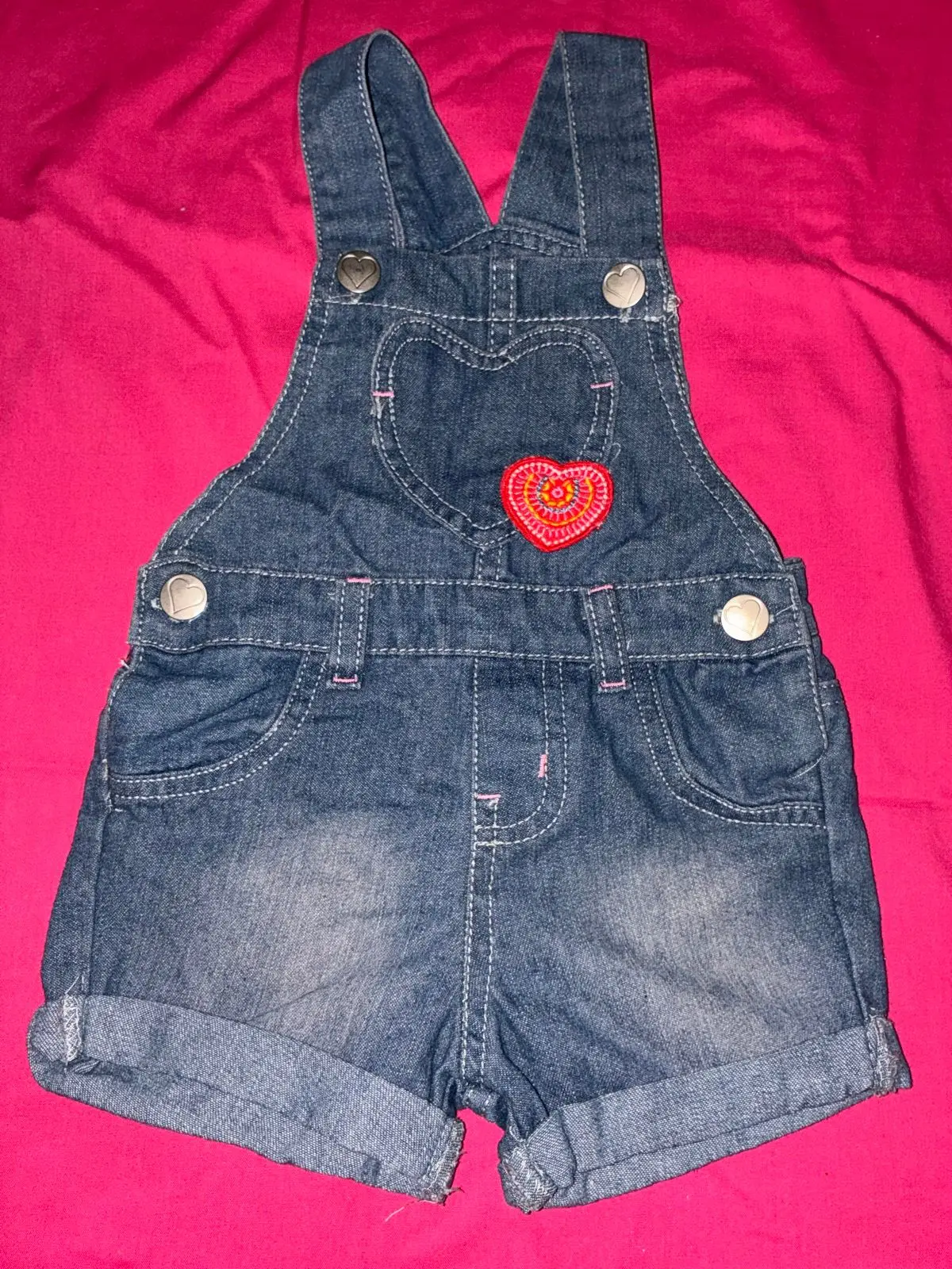 Denim Dungaree Shorts with Heart Patch