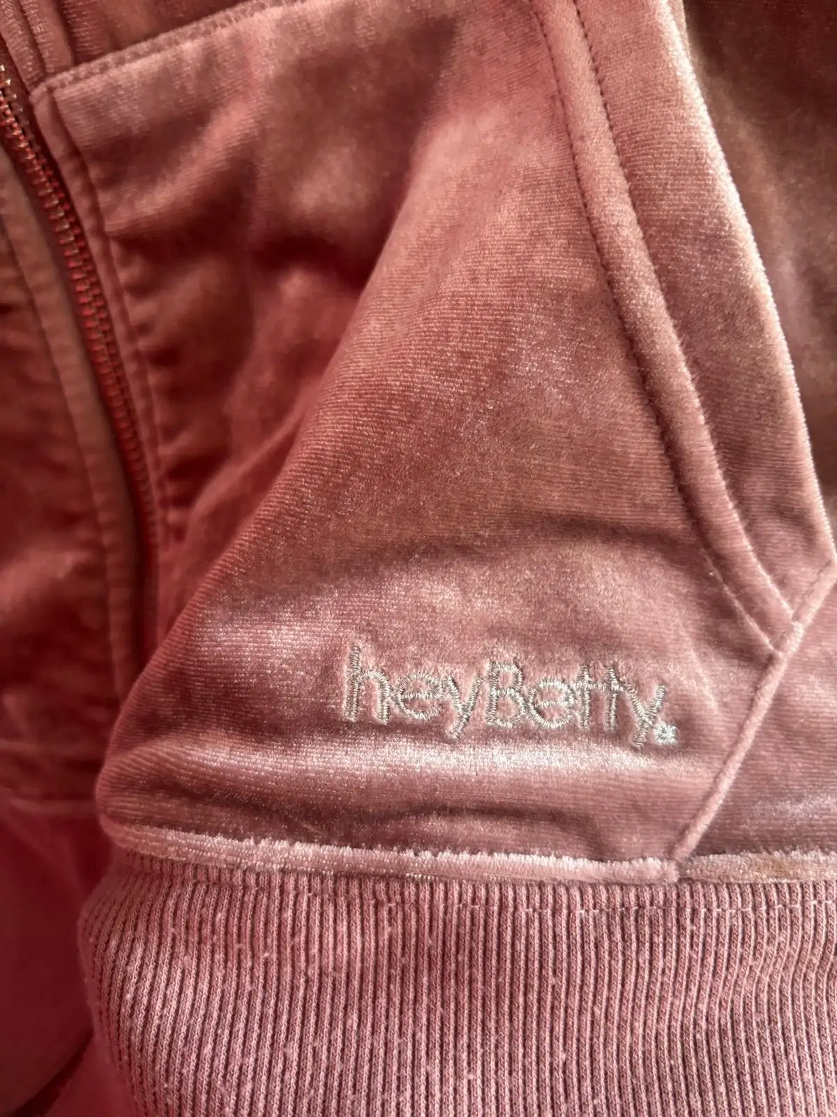Pink Velvet Zip-Up Hoodie with Drawstring Rings