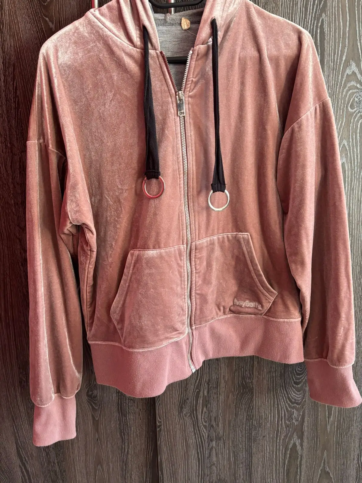 Pink Velvet Zip-Up Hoodie with Drawstring Rings