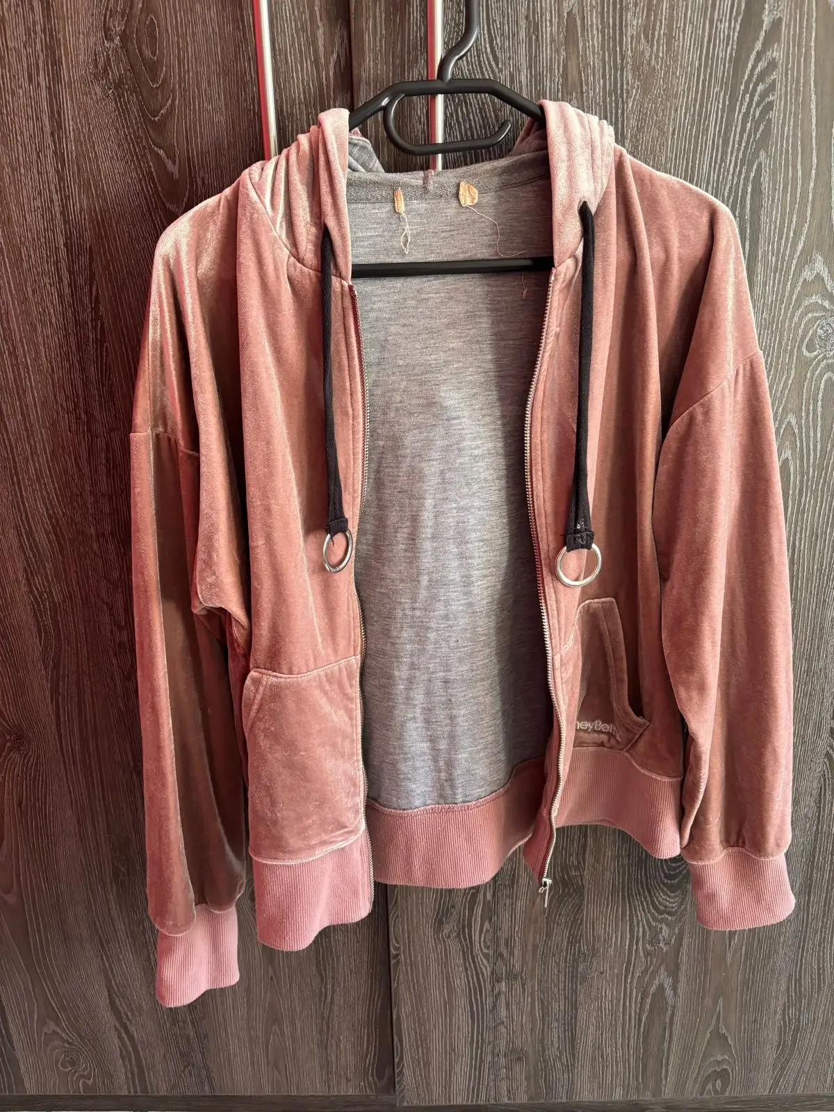 Pink Velvet Zip-Up Hoodie with Drawstring Rings
