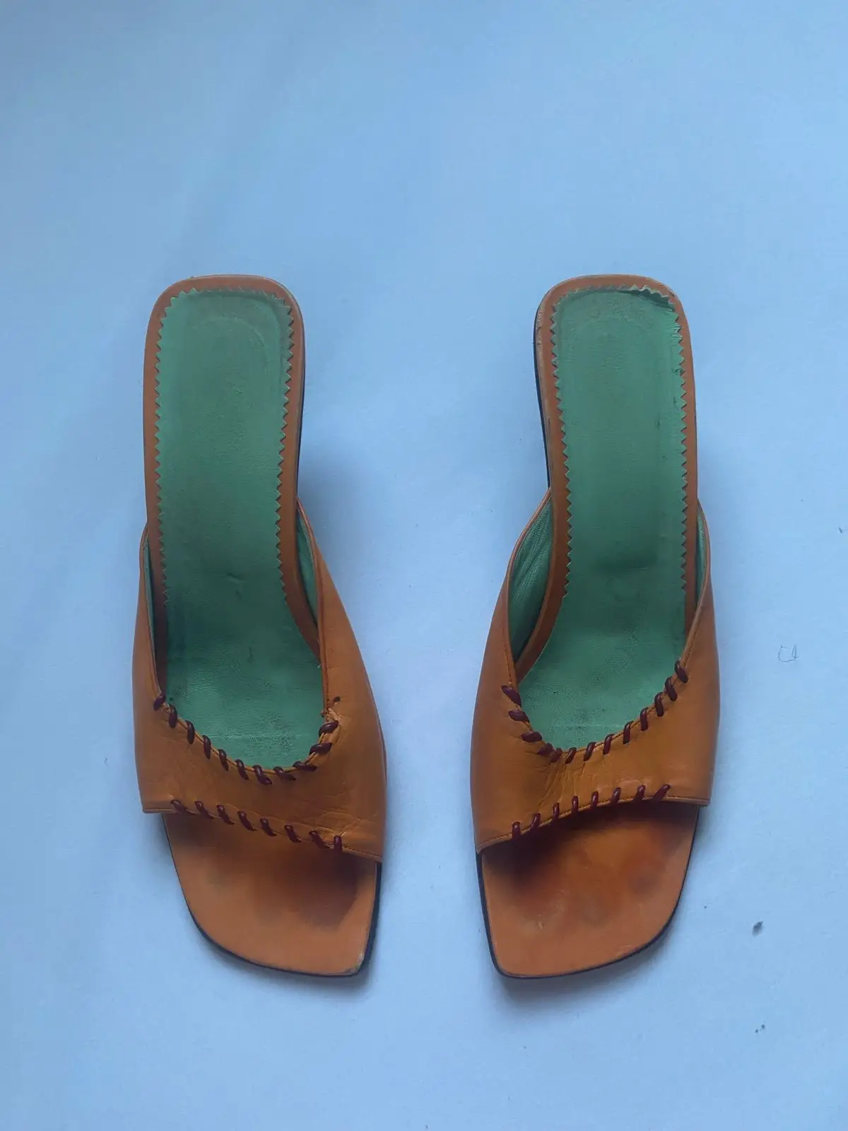 Orange Leather Mule Sandals with Green Insoles