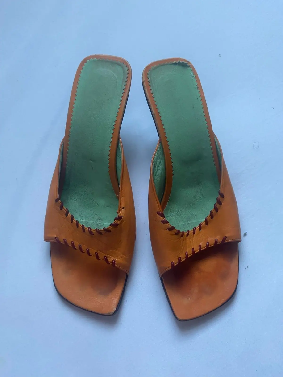 Orange Leather Mule Sandals with Green Insoles