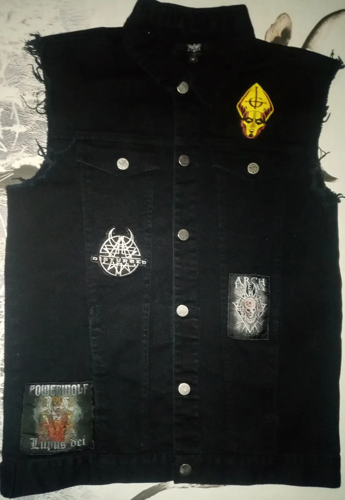 Black Denim Battle Vest with Heavy Metal Patches Size M