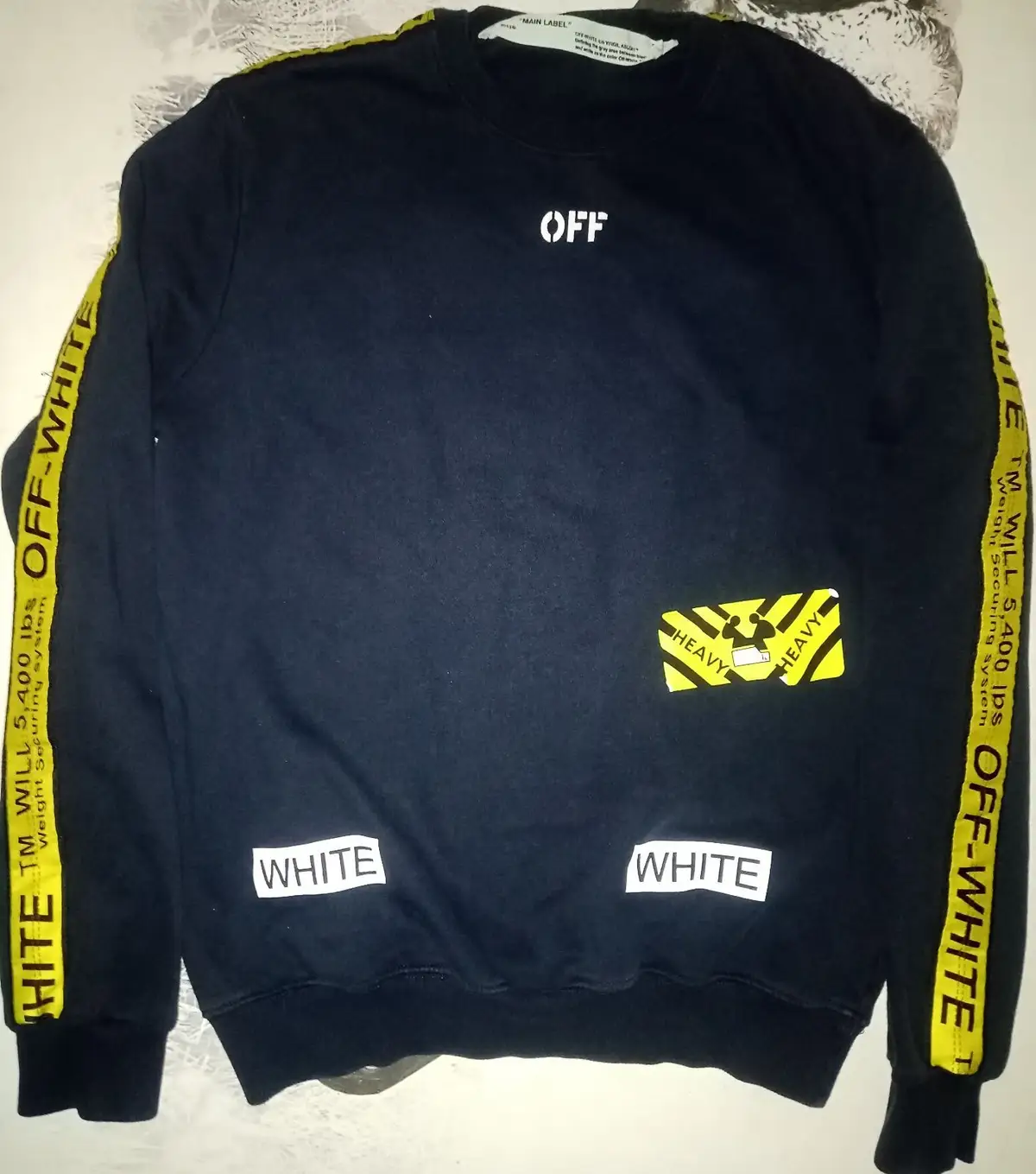 Off-White Black Crewneck Sweatshirt with Industrial Tape Sleeves