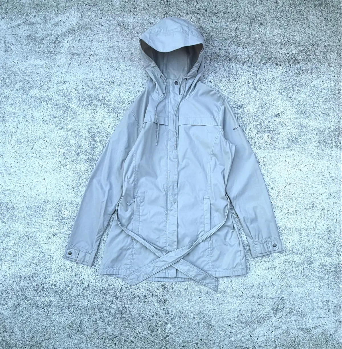 Columbia Light Grey Hooded Rain Jacket with Belt