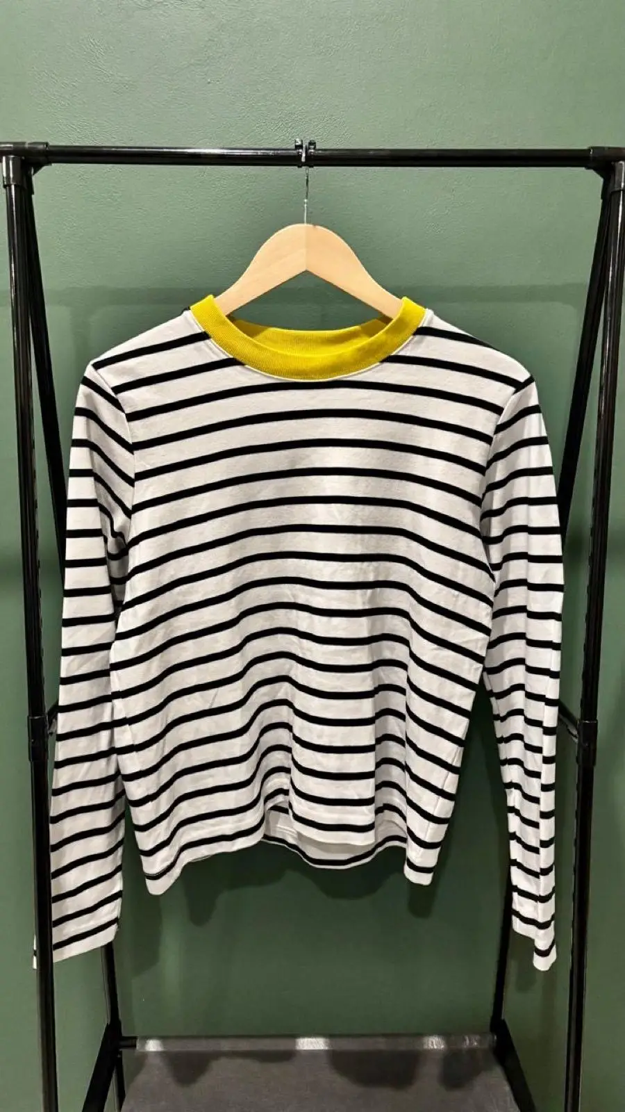 Uniq Black and White Striped Long Sleeve Top with Yellow Collar