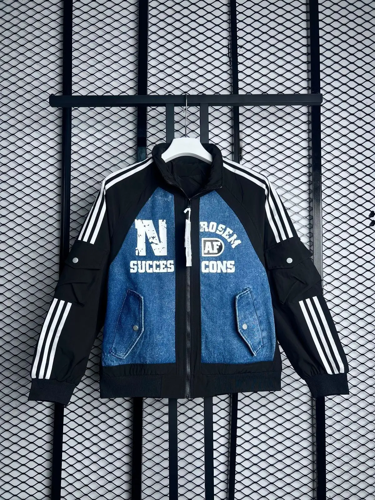 Black and Denim Panel Zip Jacket