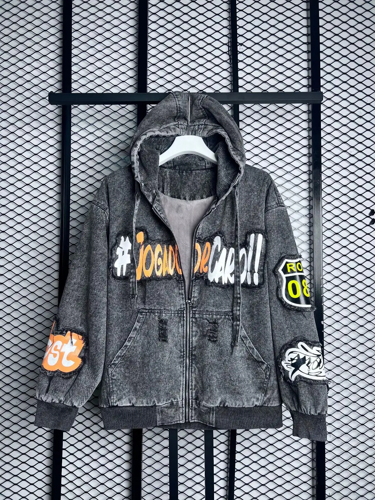 Grey Acid-Wash Denim Zip Hoodie with Patches
