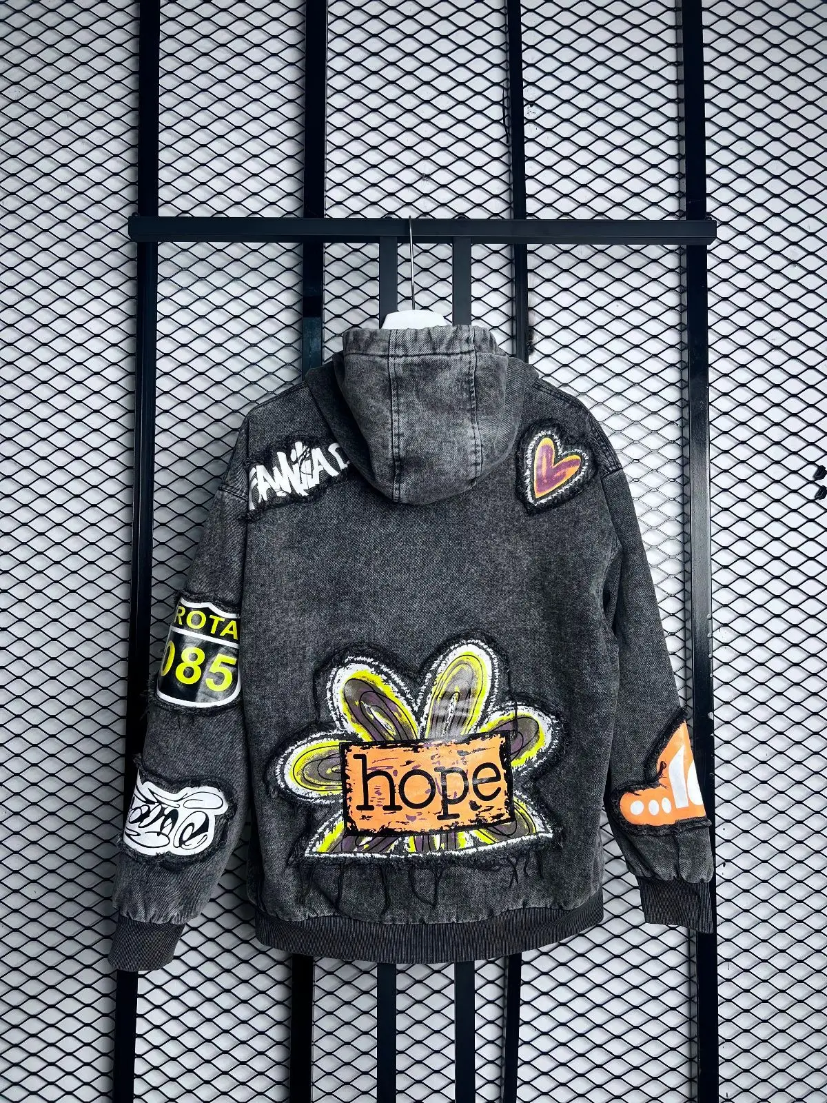 Grey Acid-Wash Denim Zip Hoodie with Patches