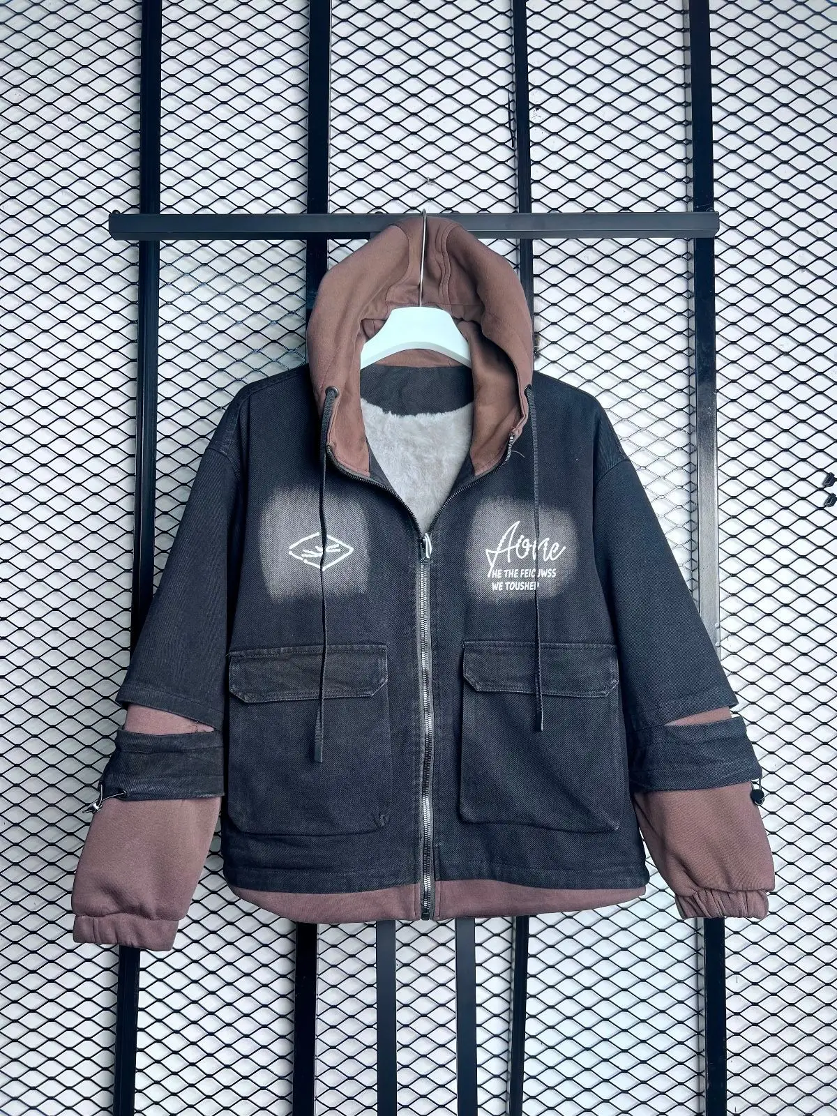 Black and Brown Hooded Zip Jacket with Faux Fur Lining