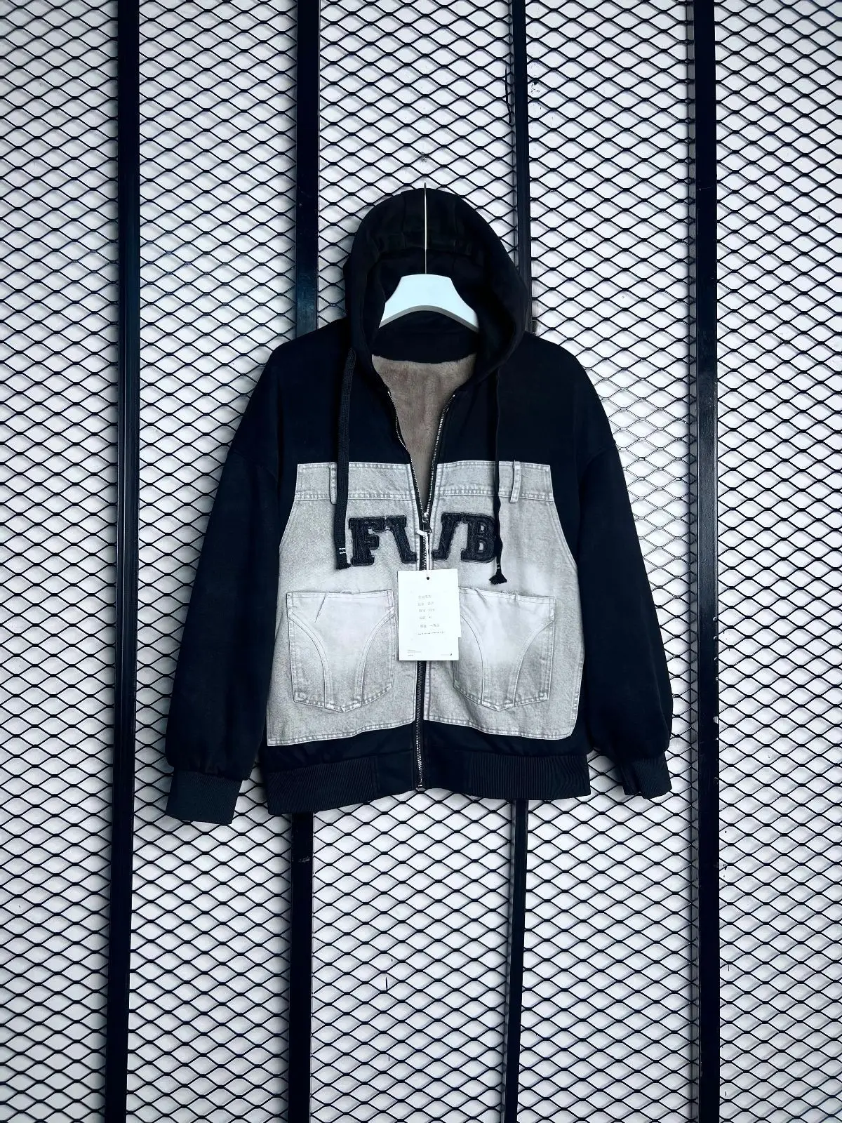 Black and Grey Denim-Patch Zip Hoodie