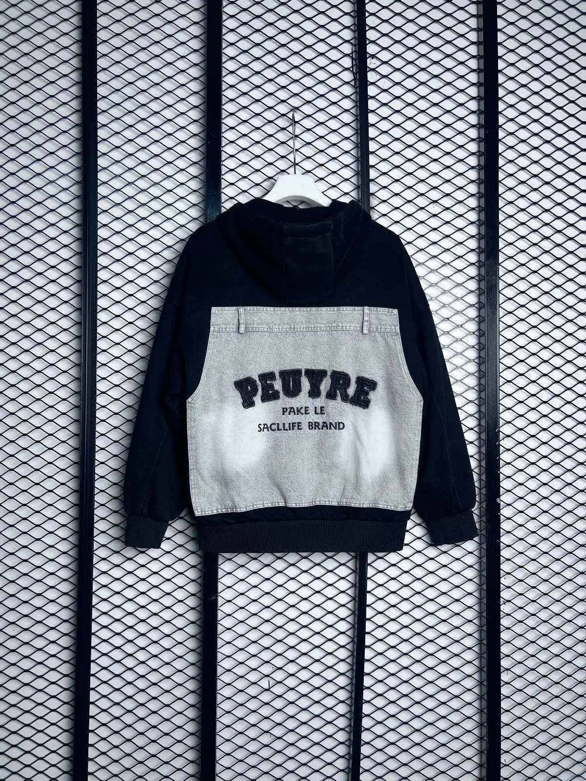 Black and Grey Denim-Patch Zip Hoodie
