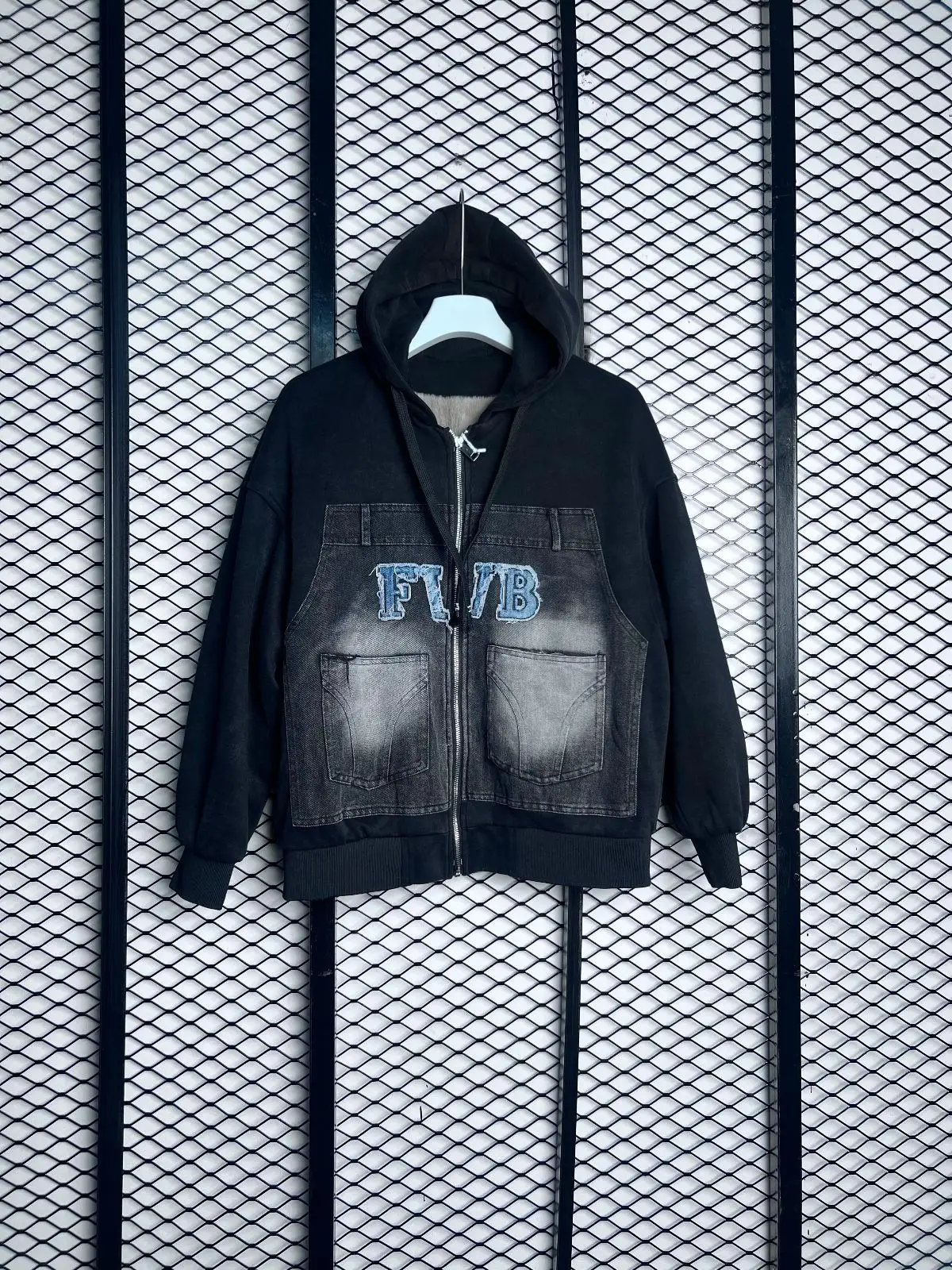 Black and Grey Denim-Patch Zip Hoodie