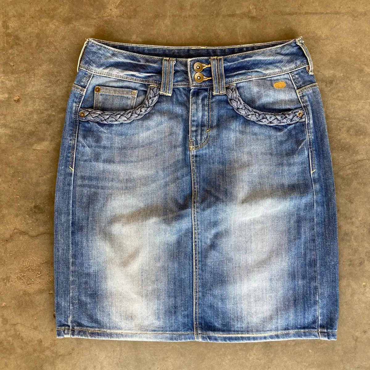 Blue Denim Skirt with Braided Pockets