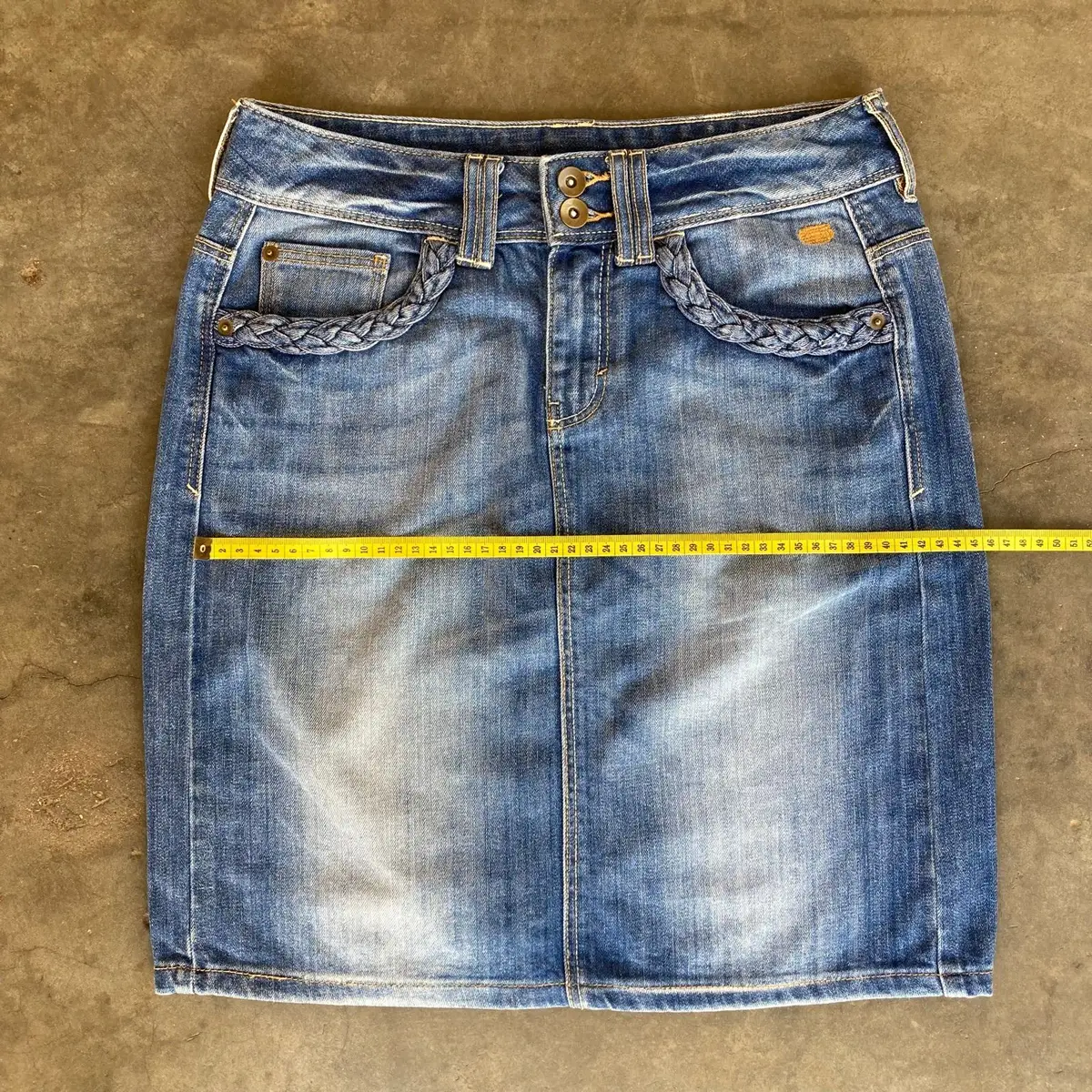 Blue Denim Skirt with Braided Pockets