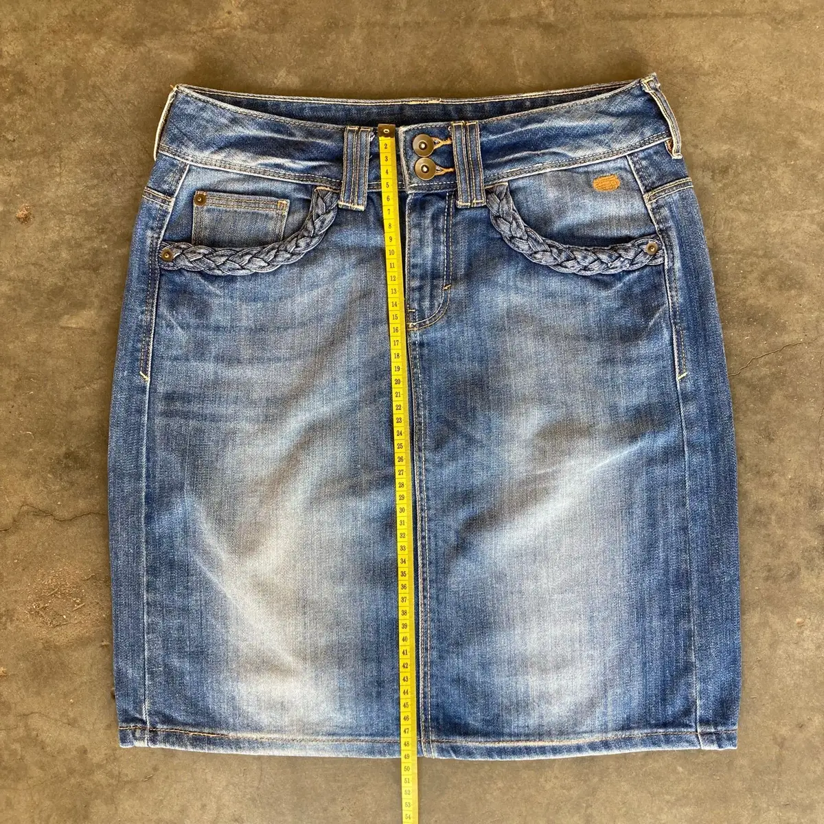 Blue Denim Skirt with Braided Pockets