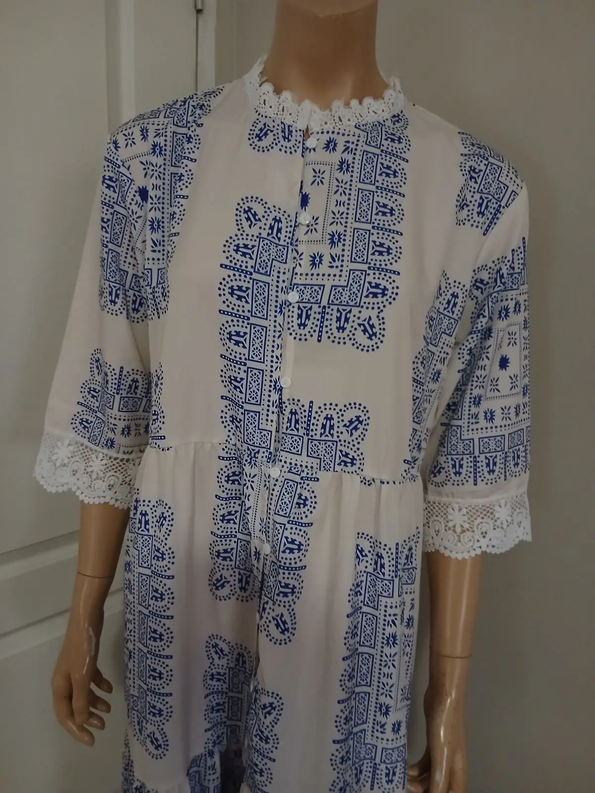 White and Blue Patterned Midi Dress with Lace Trim