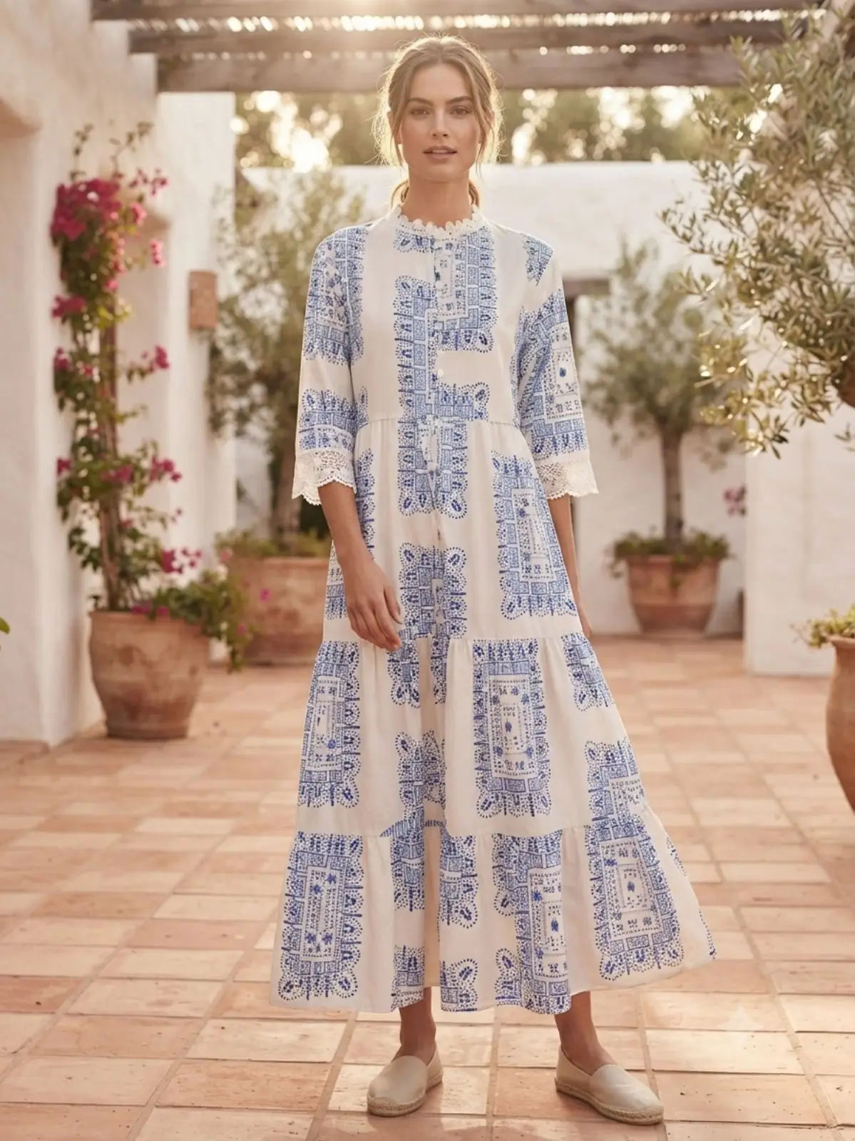 White and Blue Patterned Midi Dress with Lace Trim