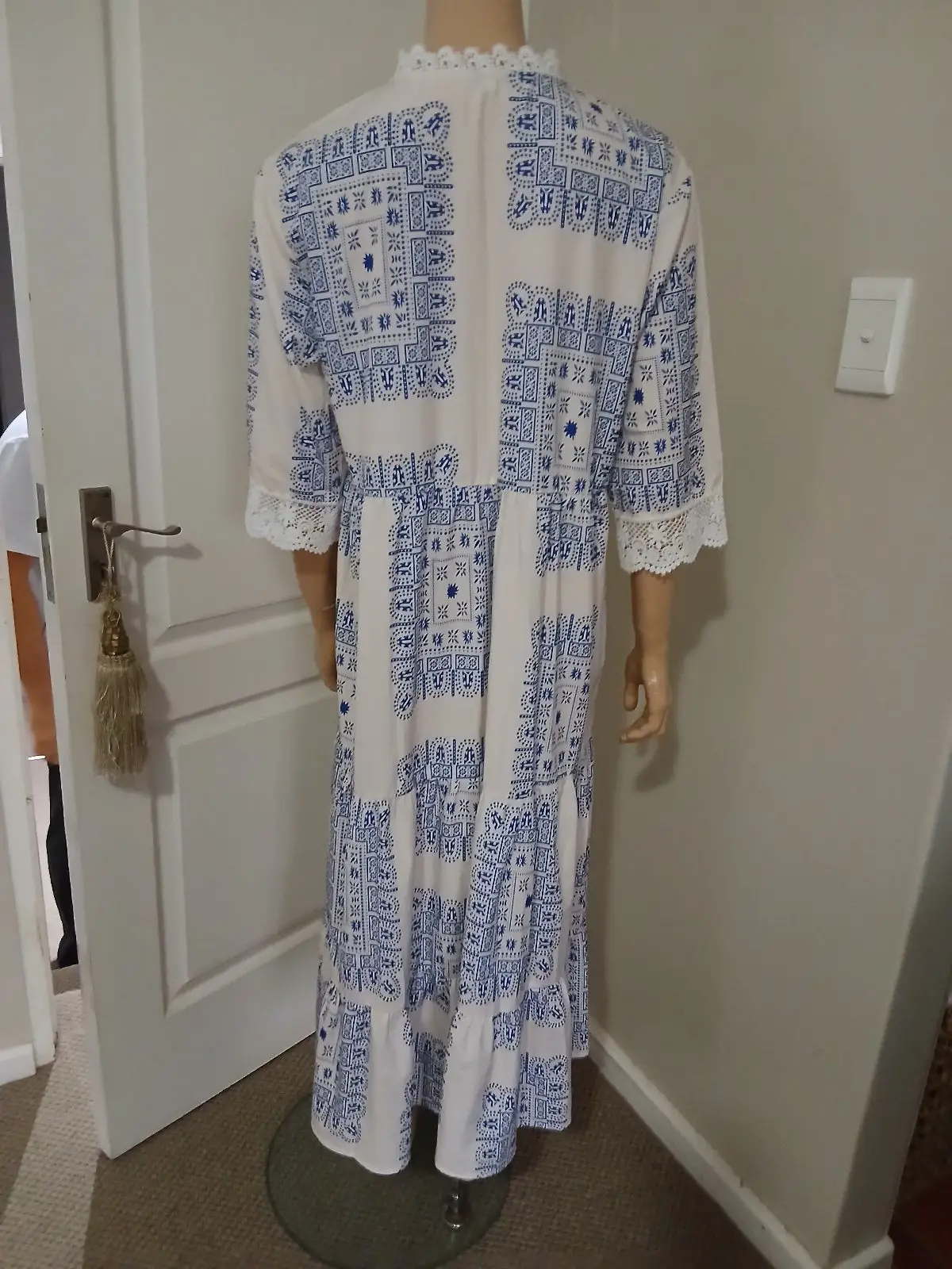 White and Blue Patterned Midi Dress with Lace Trim