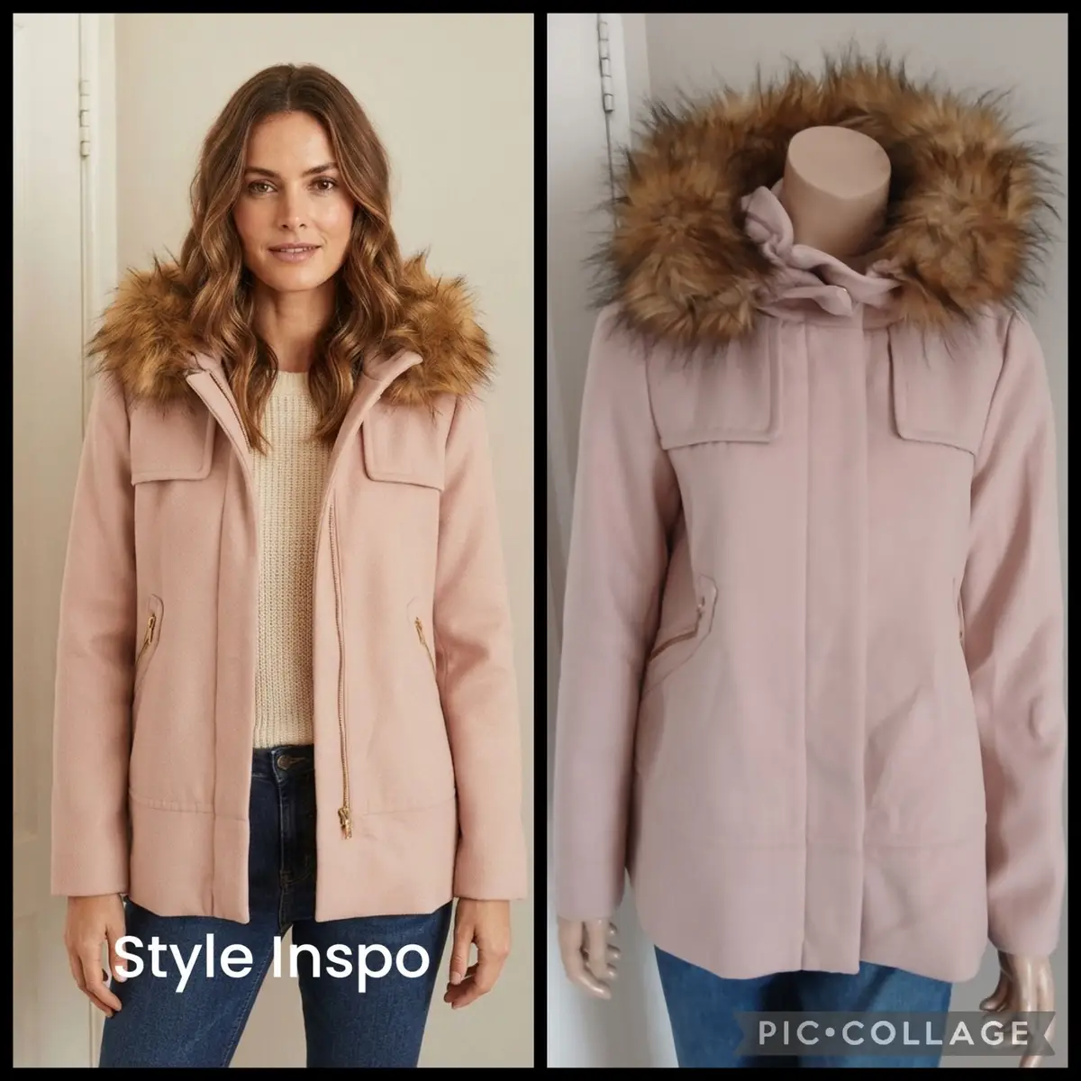 Zara Pink Wool Blend Coat with Faux Fur Hood