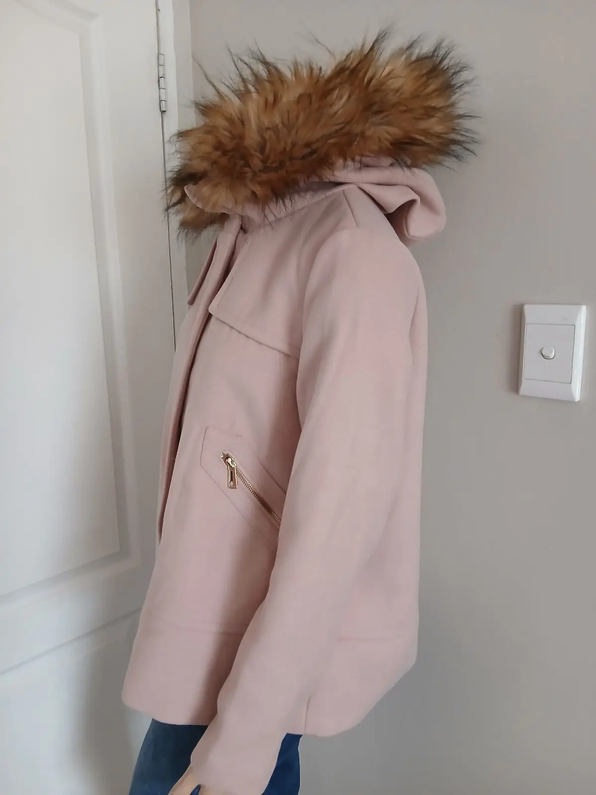 Zara Pink Wool Blend Coat with Faux Fur Hood