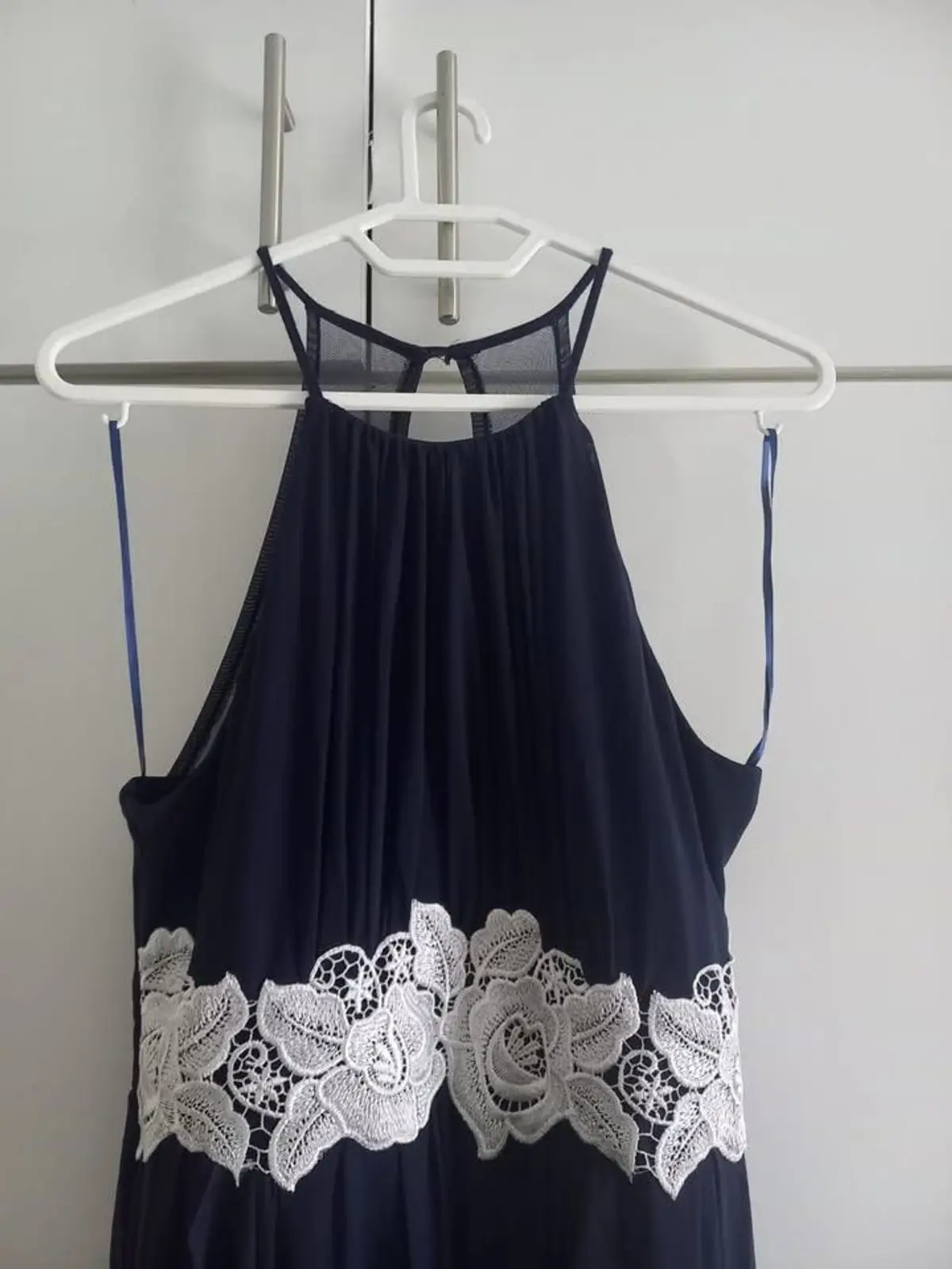 Navy Blue Halterneck Dress with White Lace Waist