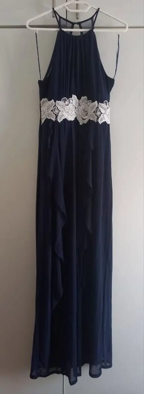 Navy Blue Halterneck Dress with White Lace Waist