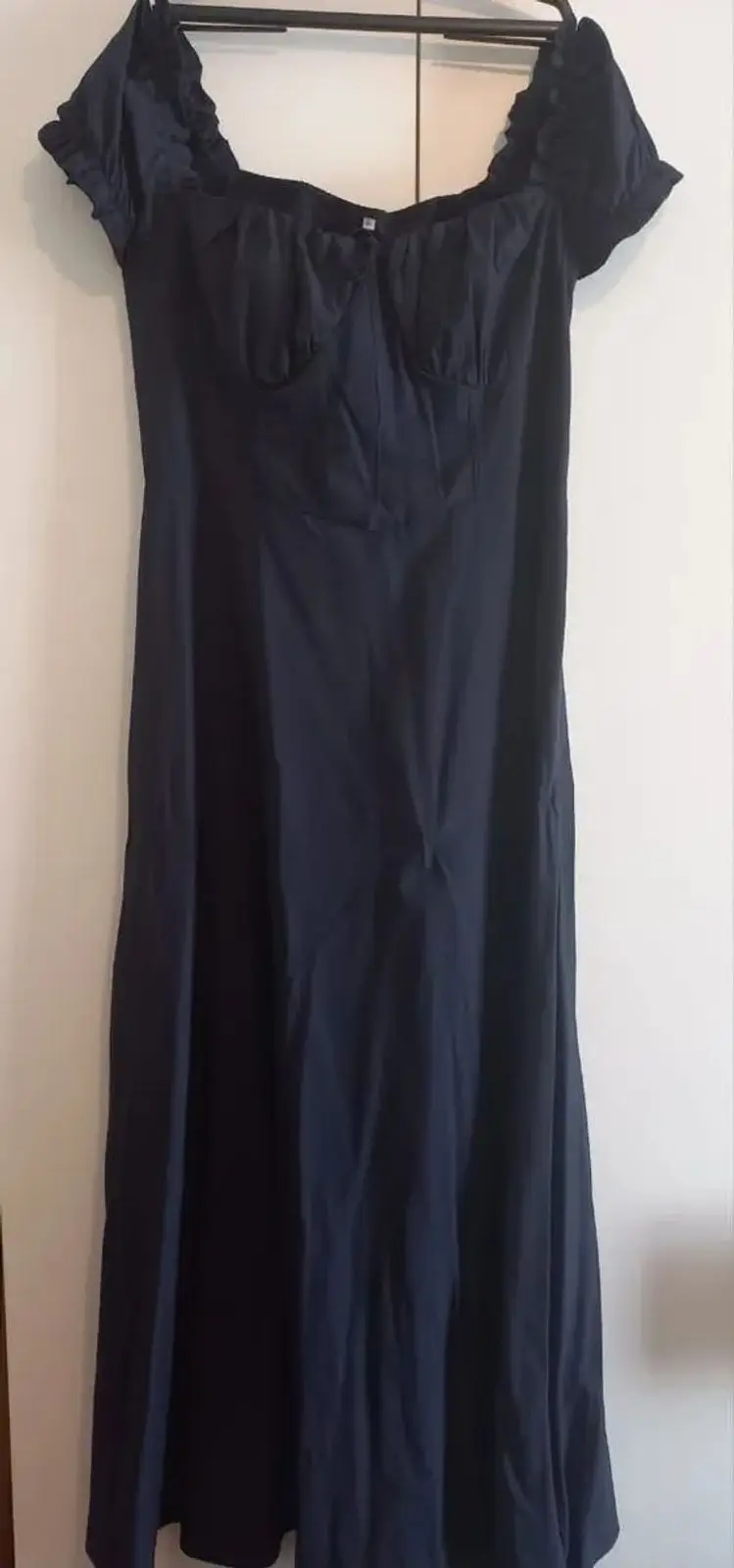 Navy Blue Midi Dress with Ruffled Sleeves